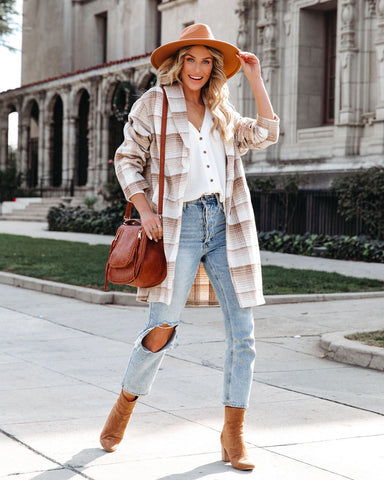 Tarrytown Pocketed Plaid Coat - Taupe