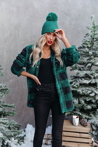 Tauren Fuzzy Checkered Shacket - Green