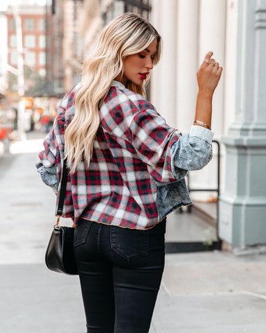 Thea Half Zip Acid Wash Plaid Top