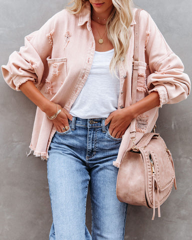 Thinking Out Loud Cotton Distressed Denim Jacket - Rose