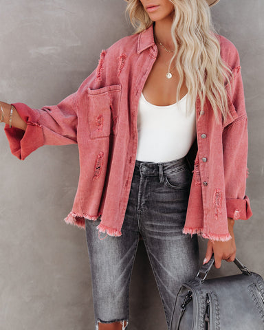 Thinking Out Loud Cotton Distressed Denim Jacket - Brick