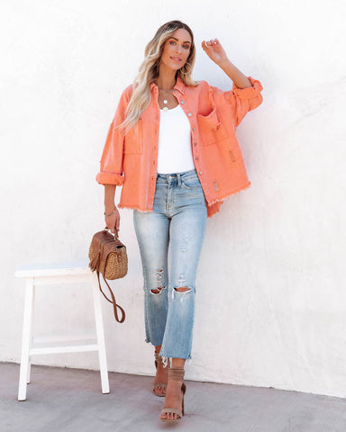 Thinking Out Loud Cotton Distressed Denim Jacket - Orange