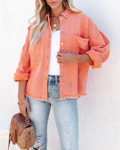 Thinking Out Loud Cotton Distressed Denim Jacket - Orange