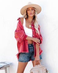 Thinking Out Loud Cotton Distressed Denim Jacket - Red