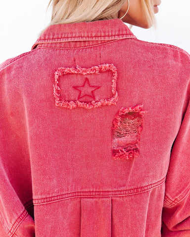 Thinking Out Loud Cotton Distressed Denim Jacket - Red