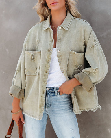 Thinking Out Loud Cotton Distressed Denim Jacket - Sage