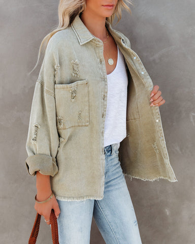 Thinking Out Loud Cotton Distressed Denim Jacket - Sage