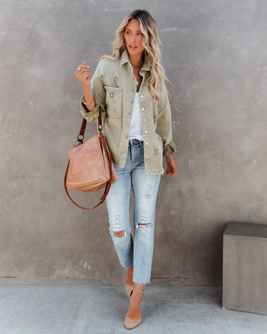 Thinking Out Loud Cotton Distressed Denim Jacket - Sage