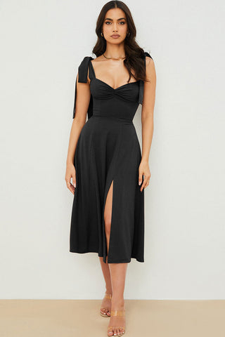 Tie Strap Fit & Flare High Slit Slip Midi Dress - Black