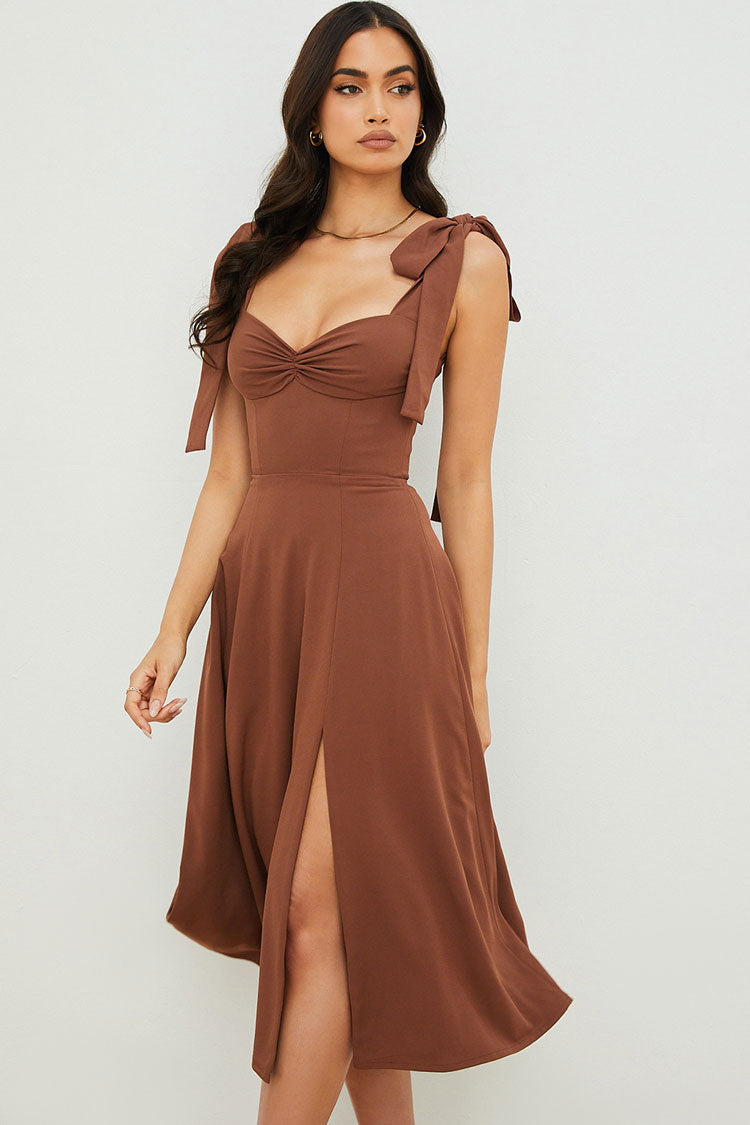 Tie Strap Fit & Flare High Slit Slip Midi Dress - Chocolate Orro Shop Tie Strap Fit & Flare High Slit Slip Midi Dress - Chocolate Orro Shop