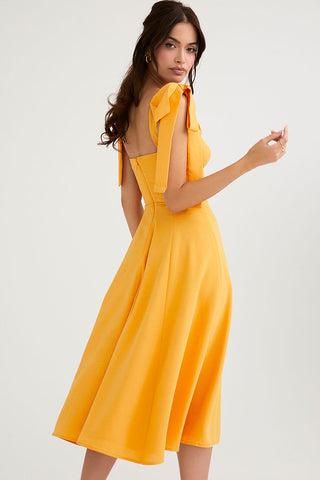 Tie Strap Fit & Flare High Slit Slip Midi Dress - Yellow