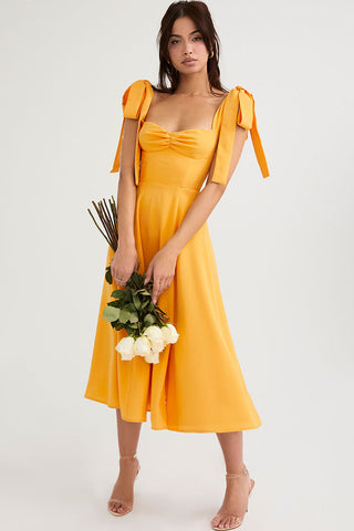 Tie Strap Fit & Flare High Slit Slip Midi Dress - Yellow