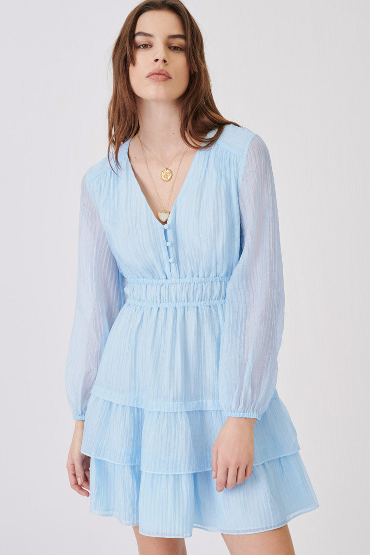 Robe courte plissée française à manches longues et volants superposés - Bleu clair