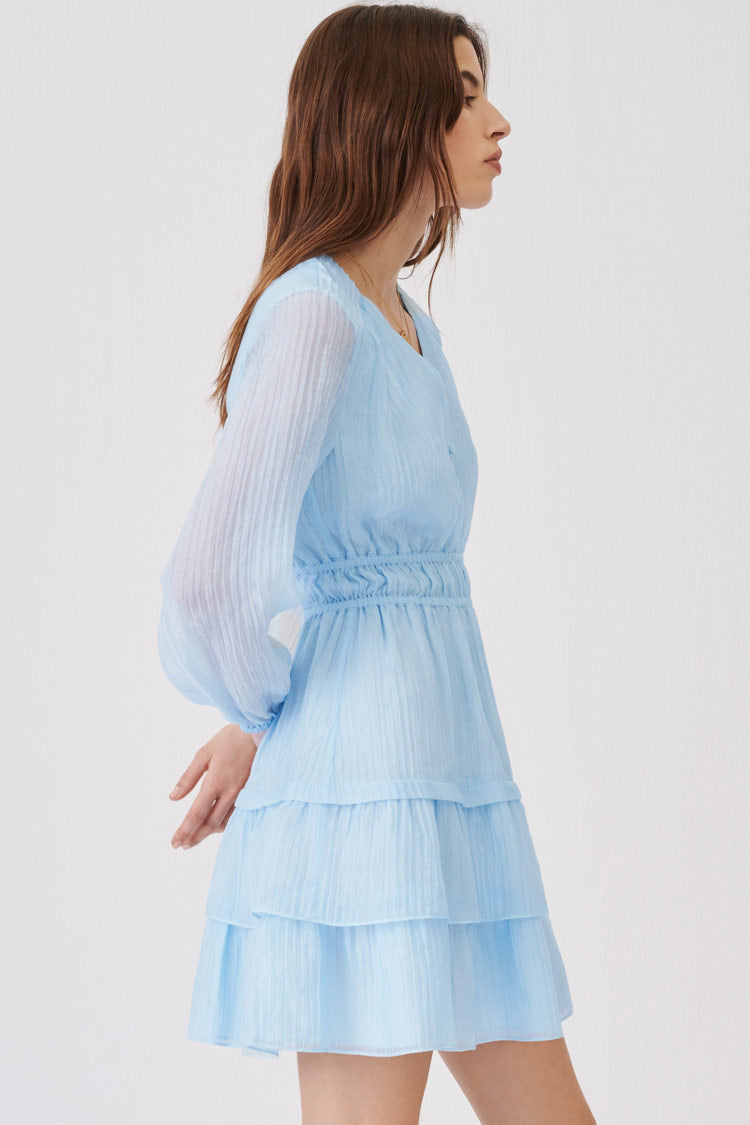 Robe courte plissée française à manches longues et volants superposés - Bleu clair