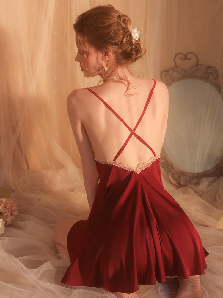 Sweet Solid Color Backless Sling Nightdress