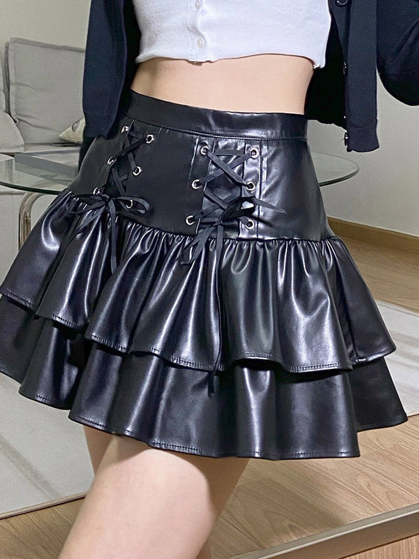 Temperament  Pleated Leather Skirt