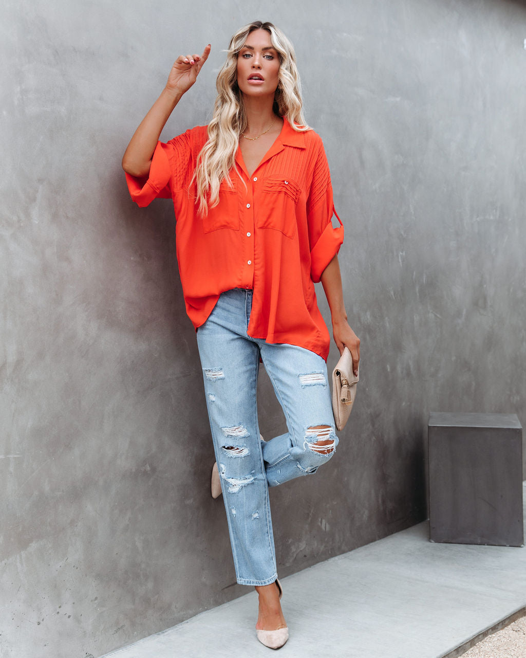 Too Good For You Button Down Top - Red Orange