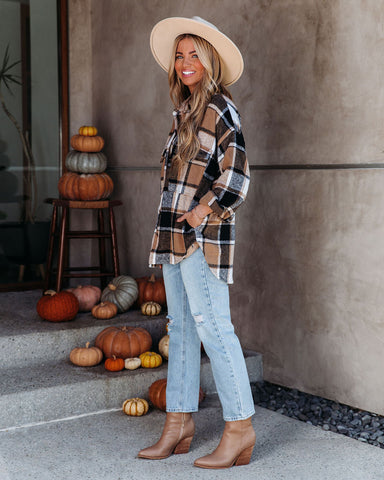 Trace Plaid Button-Down-Hemdjacke mit Taschen - Kamel 