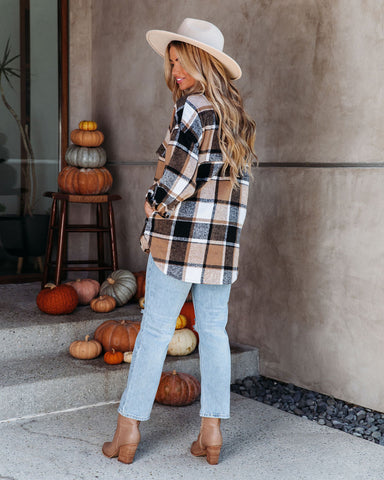 Trace Plaid Button-Down-Hemdjacke mit Taschen - Kamel 