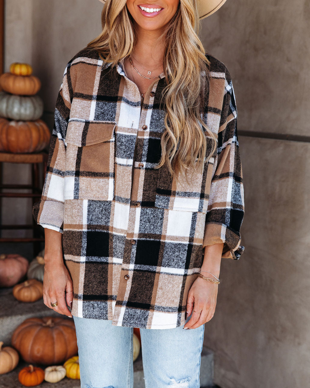 Trace Pocketed Plaid Button Down Shacket - Camel