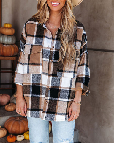 Trace Pocketed Plaid Button Down Shacket - Camel