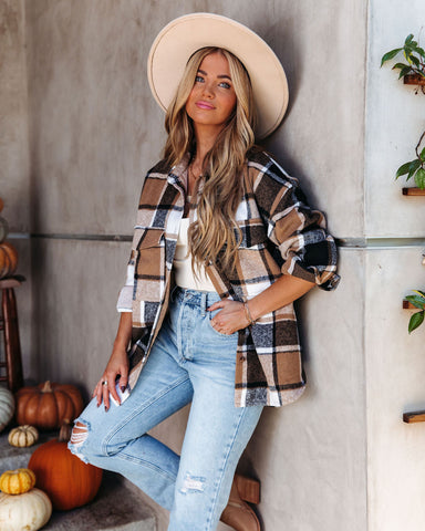 Trace Plaid Button-Down-Hemdjacke mit Taschen - Kamel 