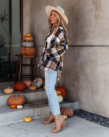 Trace Plaid Button-Down-Hemdjacke mit Taschen - Kamel 