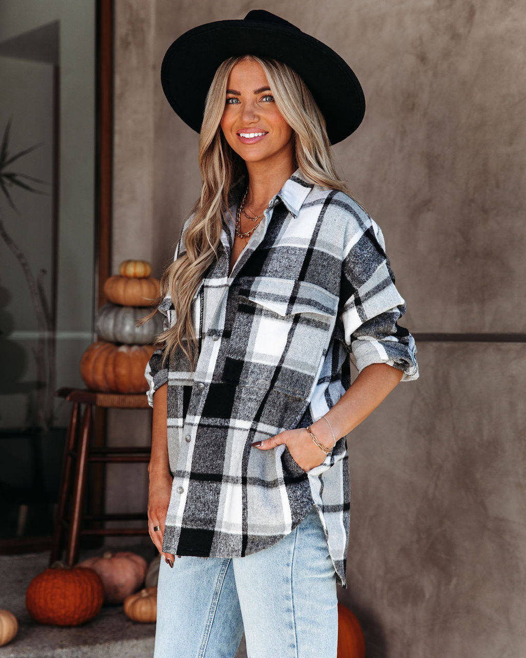 Trace Pocketed Plaid Button Down Shacket - Grey