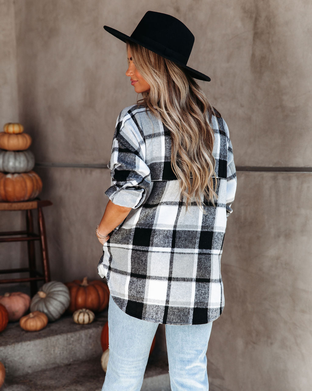 Trace Pocketed Plaid Button Down Shacket - Grey