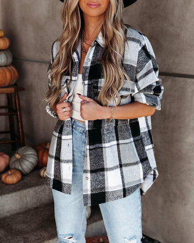 Trace Pocketed Plaid Button Down Shacket - Grey