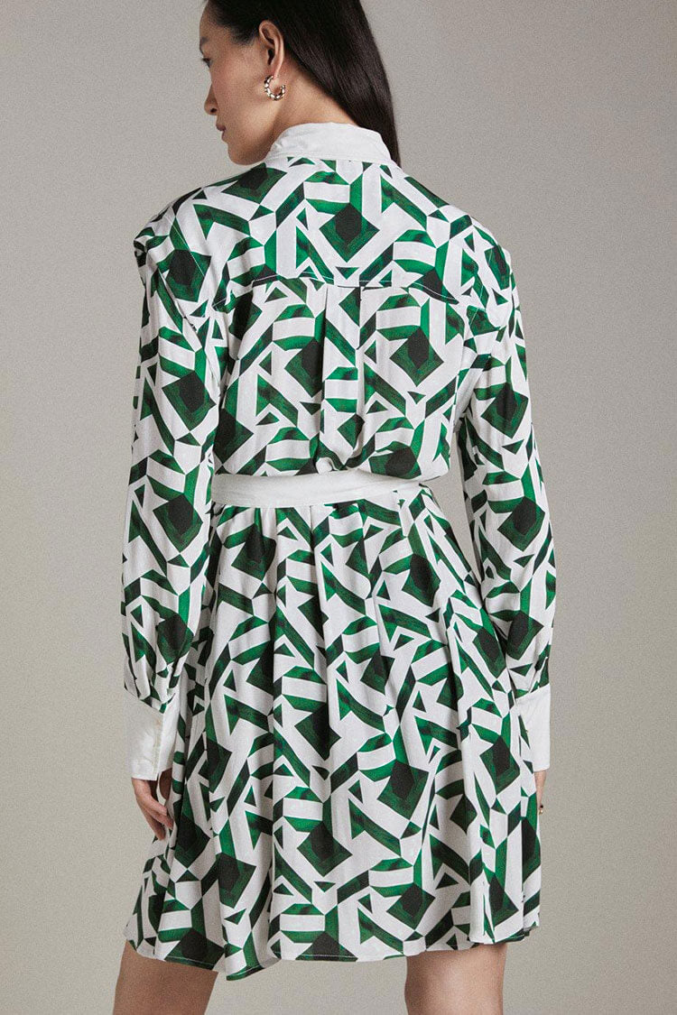 Trendy Geometric Print Long Sleeve Shirt Mini Dress - Green