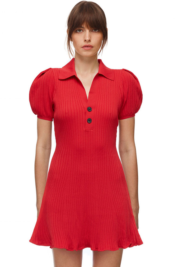 Mini-robe polo côtelée à manches bouffantes tendance pour l'hiver - Rouge