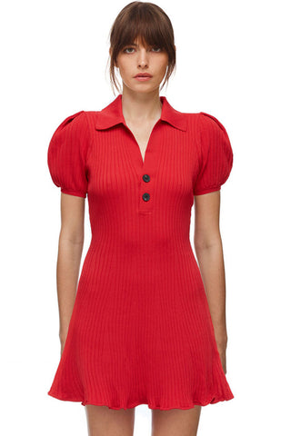 Mini-robe polo côtelée à manches bouffantes tendance pour l'hiver - Rouge