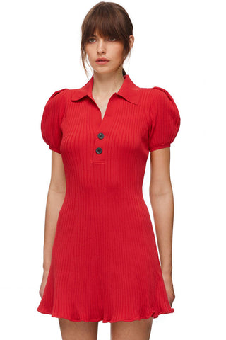 Mini-robe polo côtelée à manches bouffantes tendance pour l'hiver - Rouge