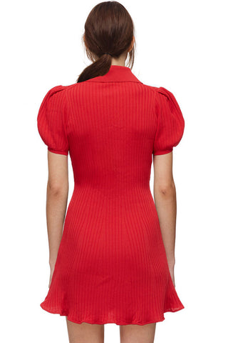 Mini-robe polo côtelée à manches bouffantes tendance pour l'hiver - Rouge