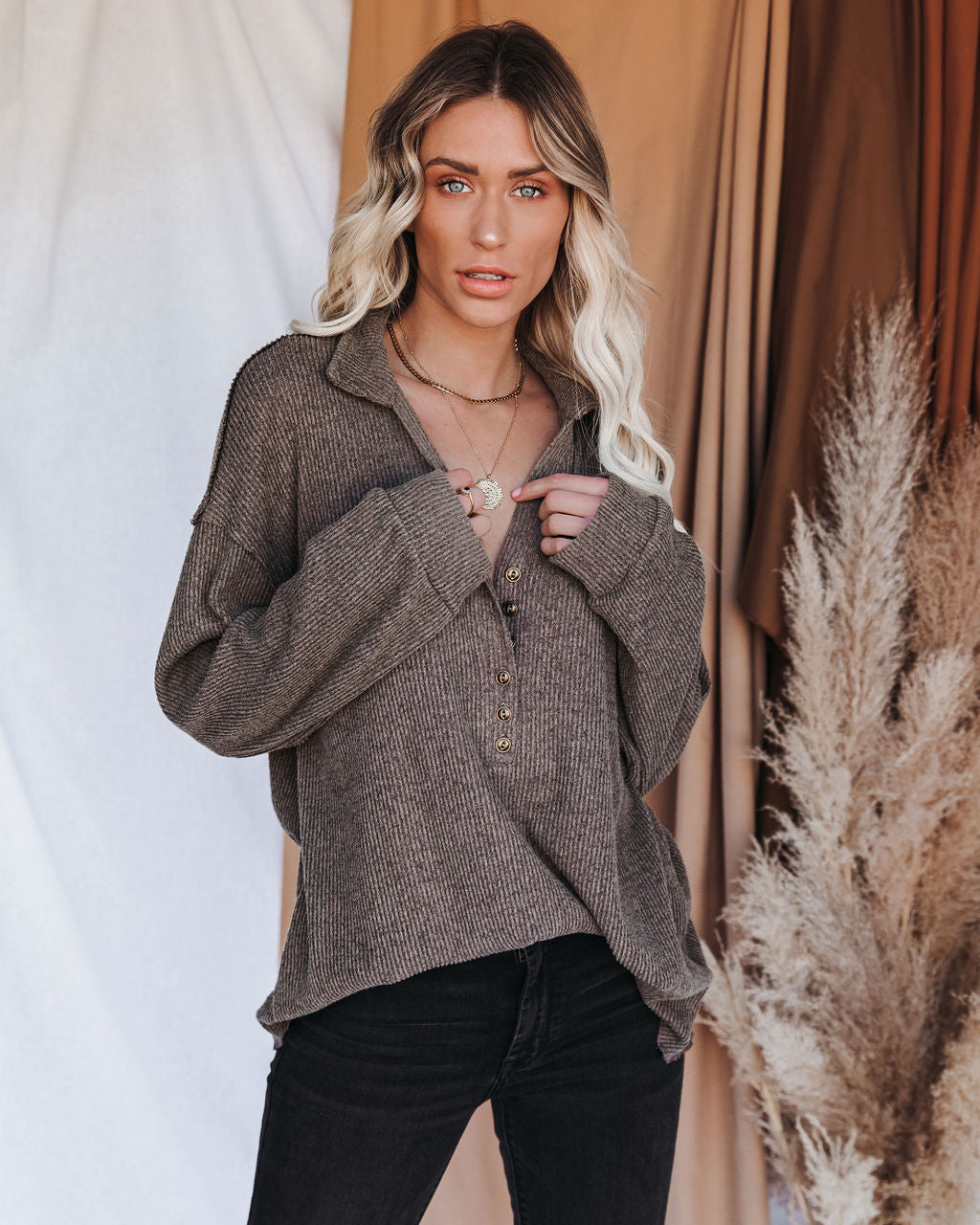 Trent Collared Button Down Knit Top - Olive Mocha