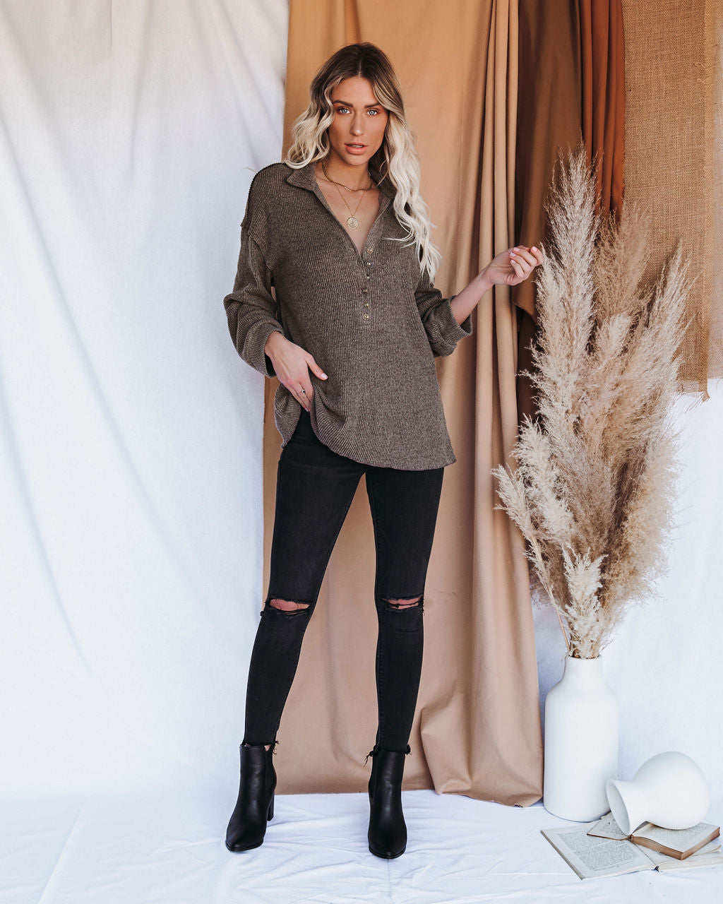 Trent Collared Button Down Knit Top - Olive Mocha