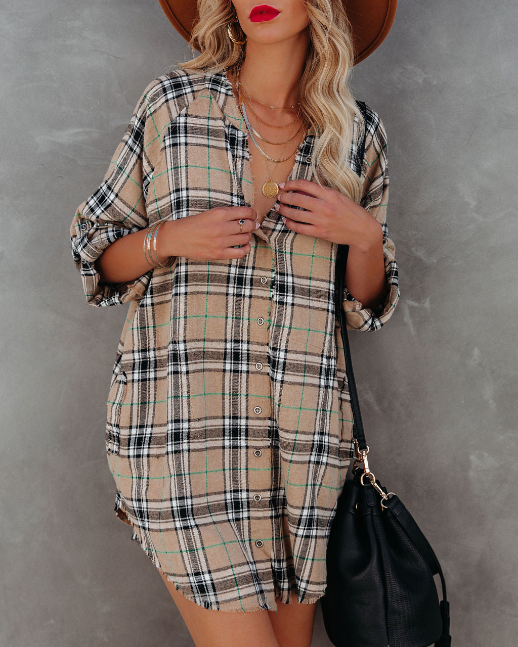 Tucker Cotton Blend Pocketed Plaid Button Down Tunic