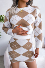 Two Tone Argyle Knit Cropped Sweater Mini Skirt Two Piece Dress - Khaki