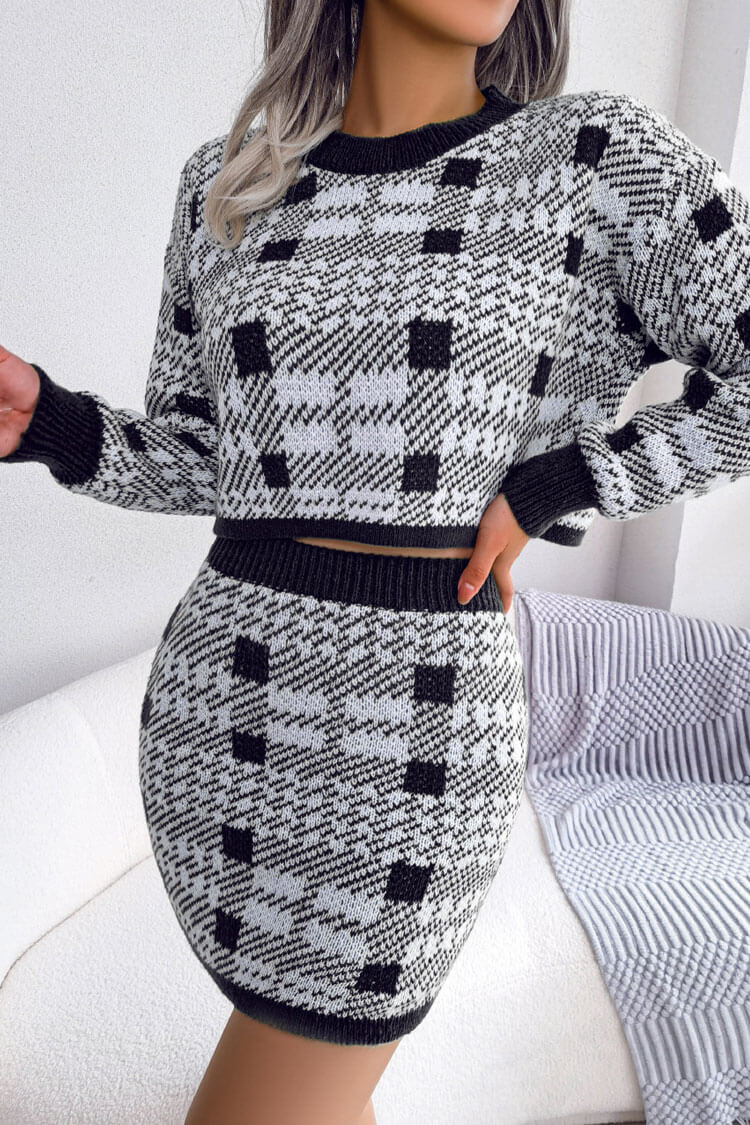 Two Tone Plaid Knitted Cropped Sweater Mini Skirt Two Piece Dress - Black
