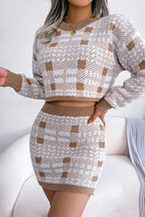 Two Tone Plaid Knitted Cropped Sweater Mini Skirt Two Piece Dress - Khaki