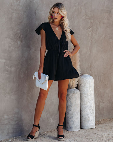 Untangled Satin Ruffle Tie Romper - Black