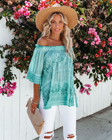 Up In The Clouds Off The Shoulder Crochet Tunic - Dusty Teal