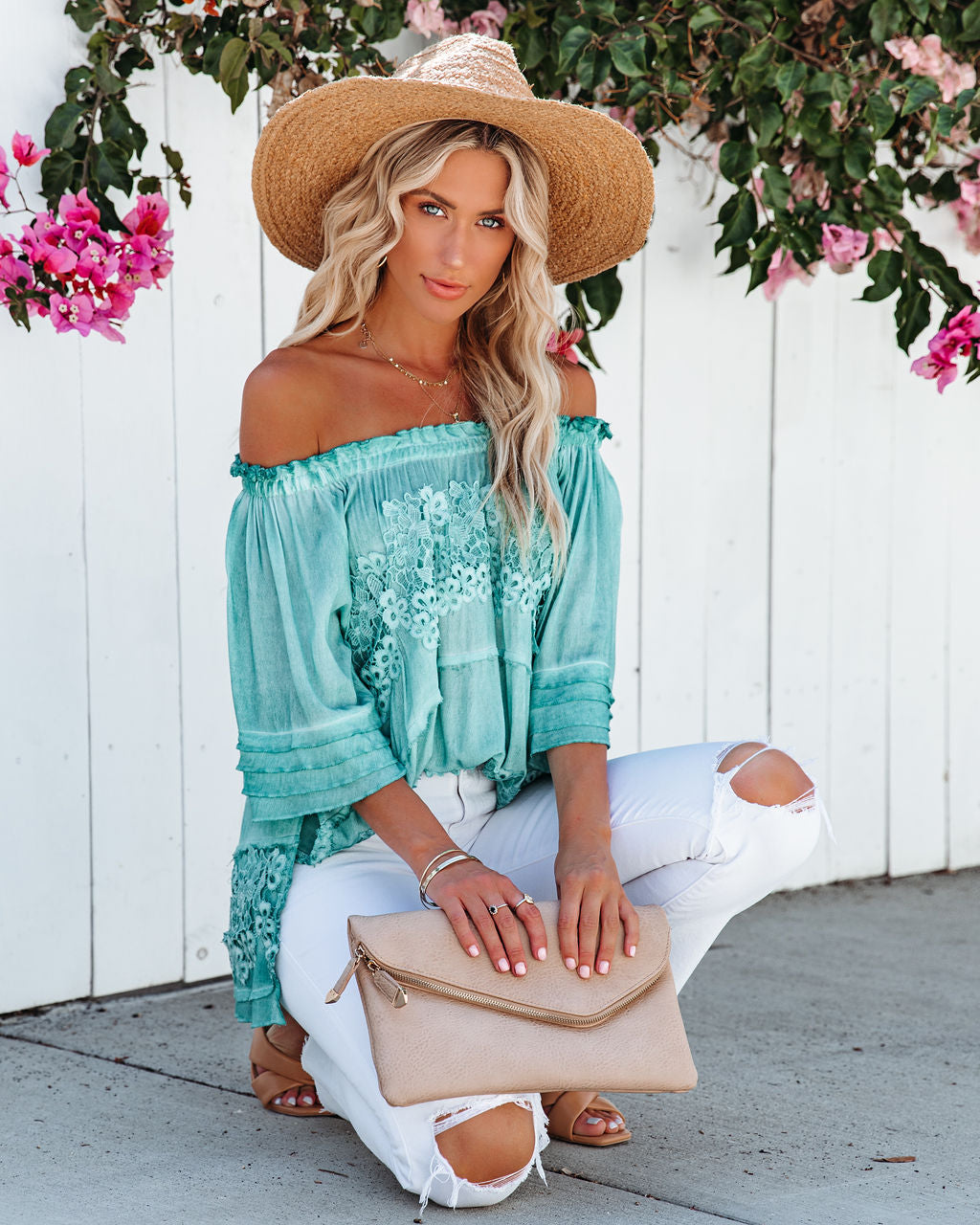 Up In The Clouds Off The Shoulder Crochet Tunic - Dusty Teal