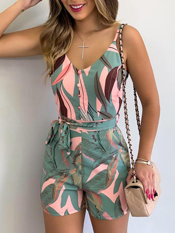 V-neck Leaf Print Tie Suspender Jumpsuit