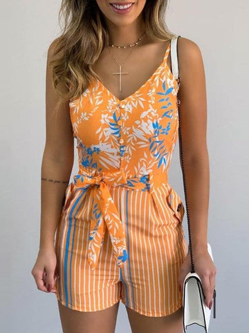 V-neck Leaf Print Tie Suspender Jumpsuit