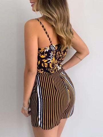 V-neck Leaf Print Tie Suspender Jumpsuit