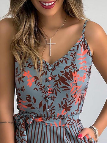 V-neck Leaf Print Tie Suspender Jumpsuit