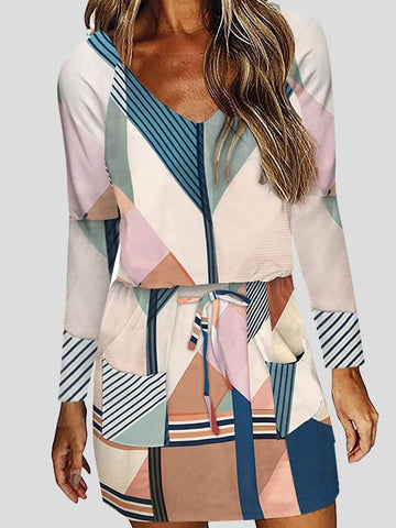 Robe à manches longues imprimée multicolore à lacets et col en V