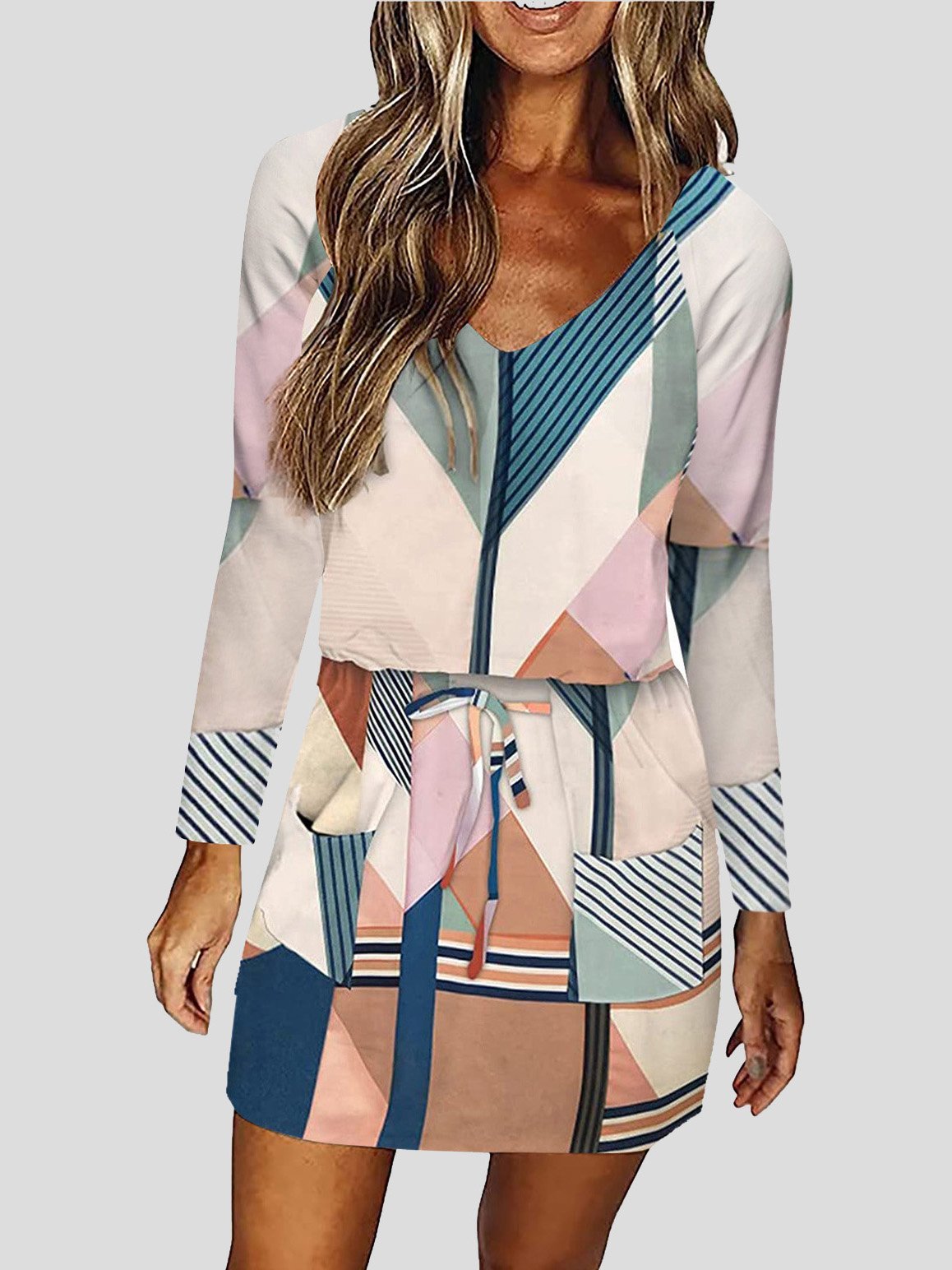 V-Neck Lace-Up Multicolor Printed Long Sleeve Dress